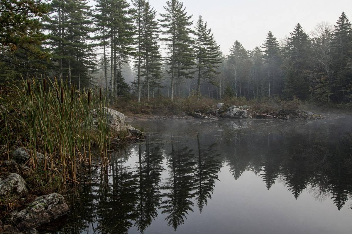 Still water at the edge of a wooded parcel